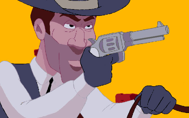 Fenimore Fillmore talking to an NPC in a western town