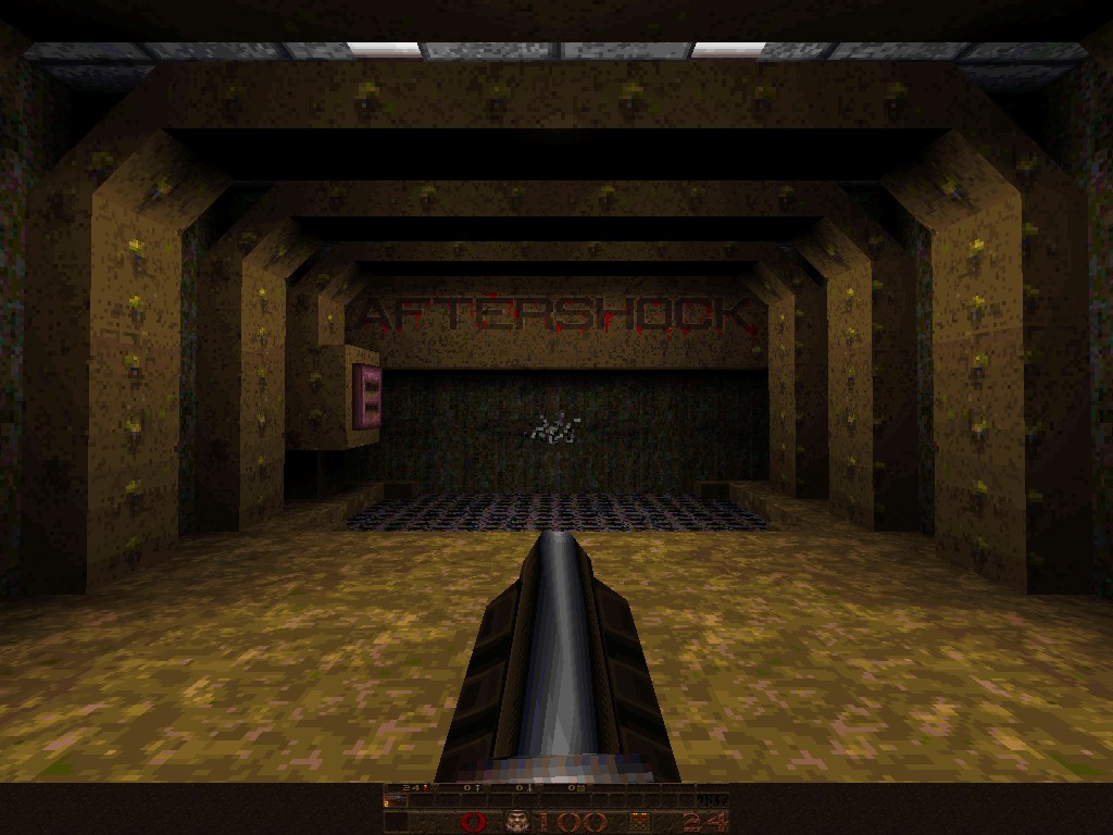 A dark stone corridor in Aftershock for Quake with standard enemies.