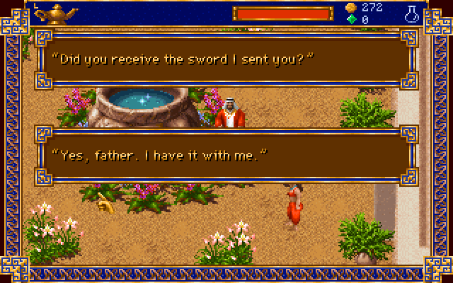Dialogue window with NPC character portrait and Zakhara backdrop