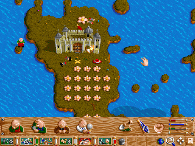 Baldies gameplay showing worker allocation and small houses on a grassy field