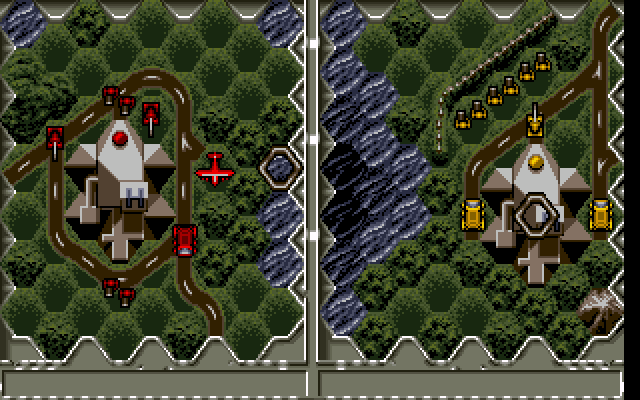 Split-screen hexagonal combat grid showing unit units and command options