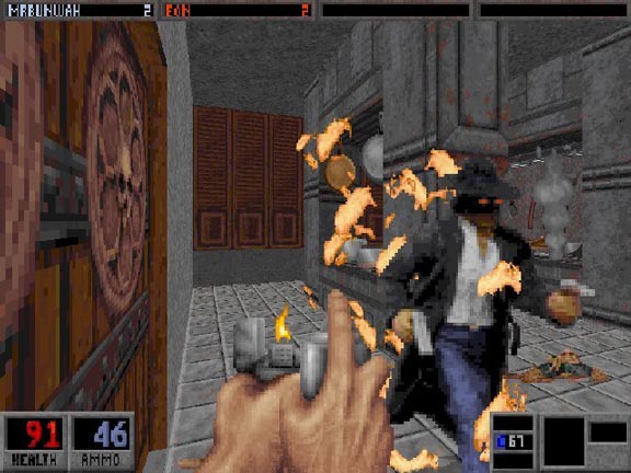 Caleb fighting cultists with heavy weaponry in a dark hallway