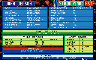 Championship Manager menu showing squad statistics and player ratings
