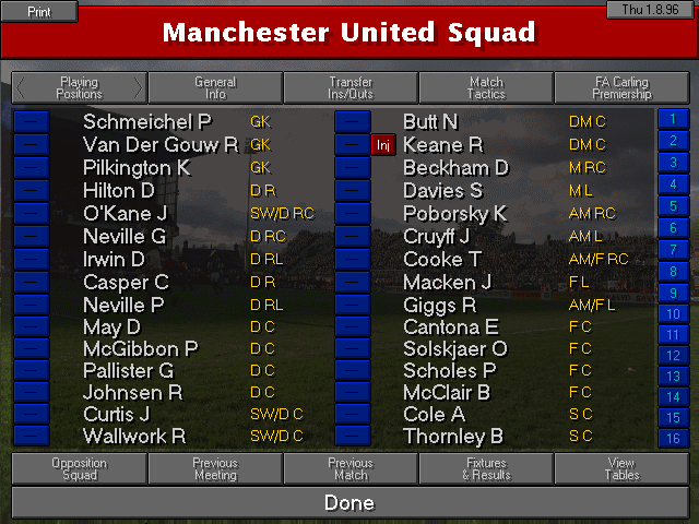 Tactics menu in Championship Manager 96/97 showing squad selection and positions