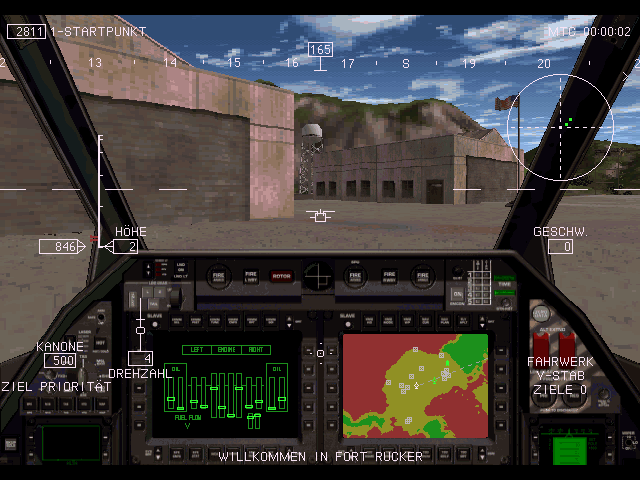 Comanche 3 cockpit view hovering over canyon terrain