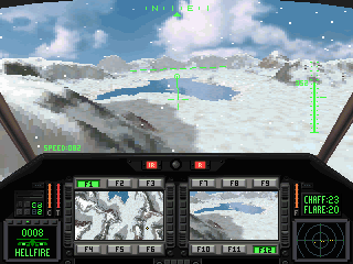 HUD perspective from an RAH-66 Comanche helicopter flying over Voxel terrain