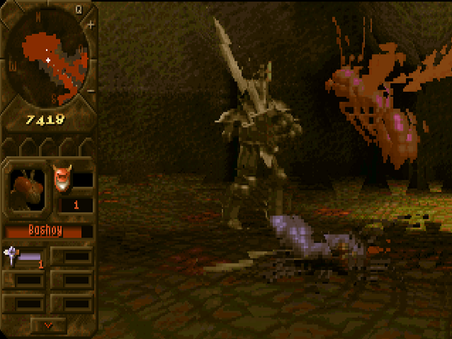 First person creature view inside a dark dungeon corridor