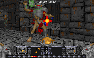 Heretic player fighting enemies in a stone dungeon with magical weapons