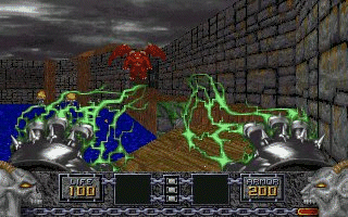 Corvus battling monsters in a stone hall