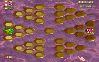 Hexxagon II gameplay board showing capsules and slime pieces