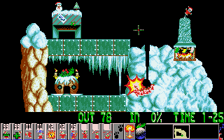 A level in Holiday Lemmings showing festive terrain and snowmen
