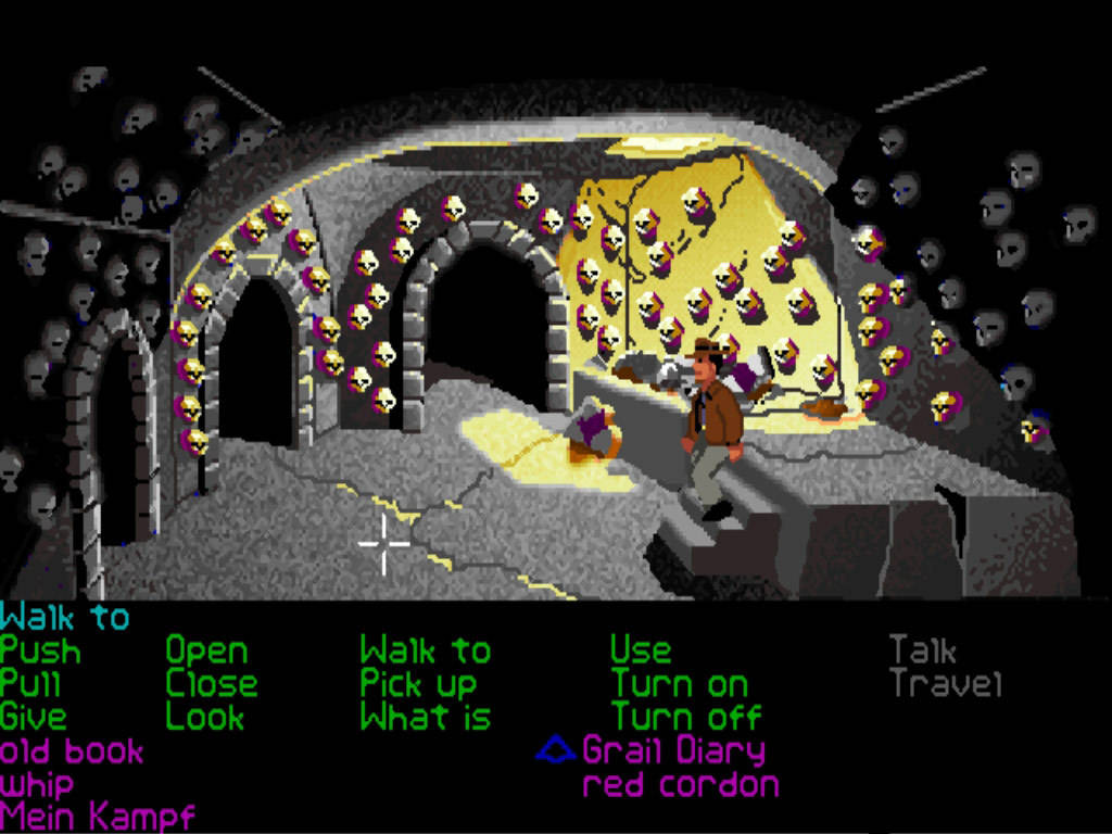 Indiana Jones exploring catacombs with text inventory choices