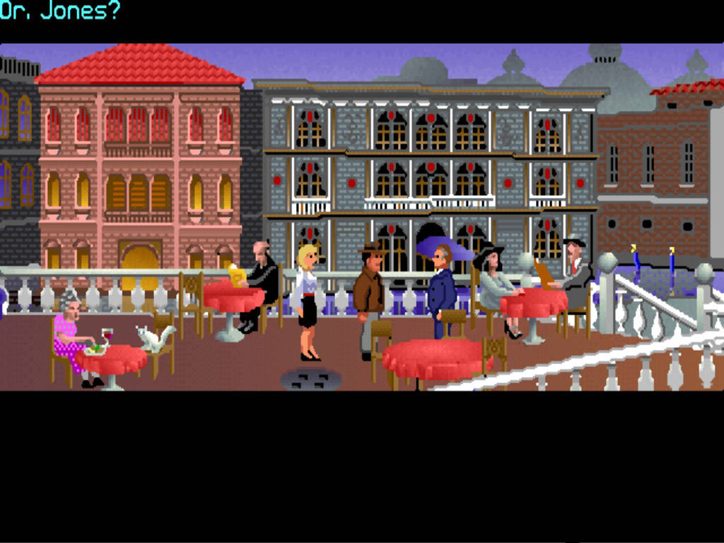 Detailed pixel art environment showing dialogue choices with an NPC