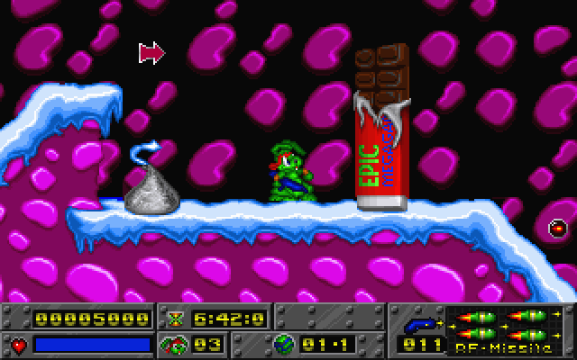 Jazz Jackrabbit navigating a colorful snowy level with floating platforms