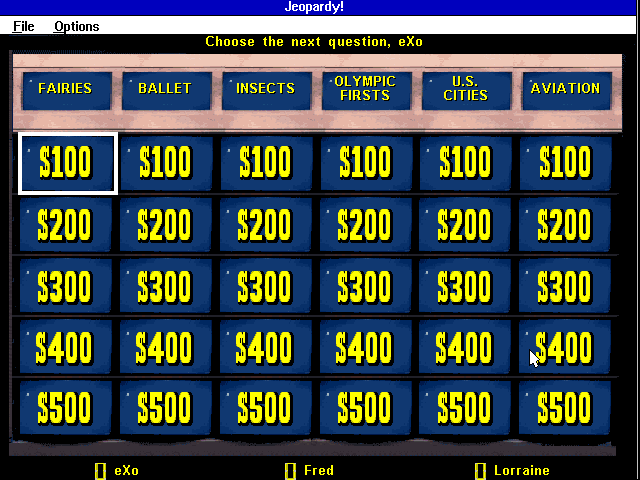 Jeopardy Deluxe Edition game board showing categories and cash values