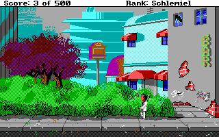 Larry Laffer standing in front of a building in EGA graphics