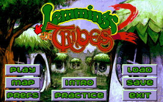 Gameplay screenshot showing lemmings navigating terrain with specialized tools