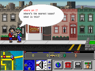 Luigi standing on a city street near an information booth