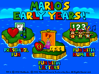 Mario pointing to matching shapes and letters in an educational puzzle screen