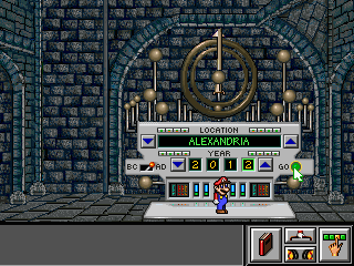 Mario standing in Bowser's museum hub near display cases