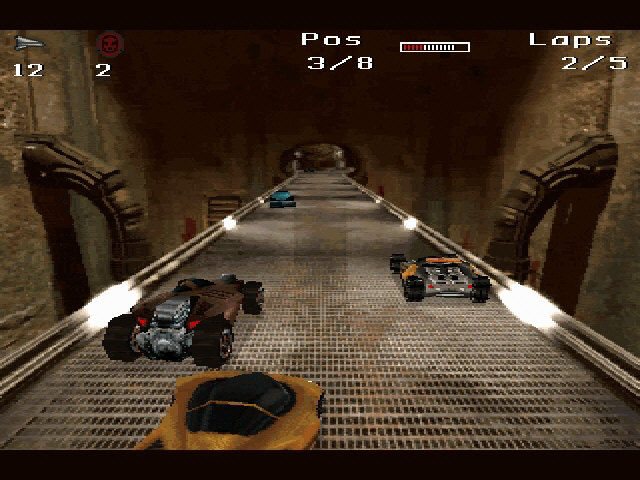 A polygonal race car taking a sharp turn on an industrial pre-rendered track track background