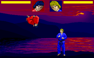 Two digitised human fighters facing each other in a flat screen arena