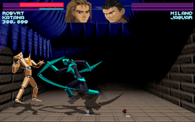 Two giant robots fighting in an arena with electric hazard walls