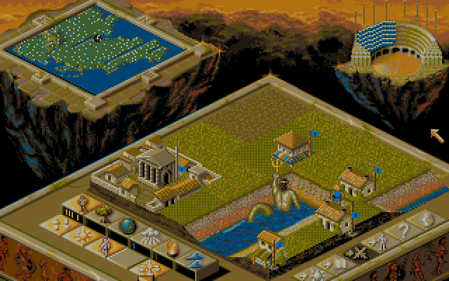 Populous II gameplay showing isometric terraforming and god powers