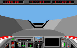 First person perspective from inside a cockpit facing a futuristic track section