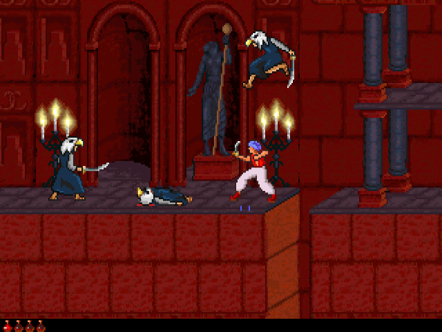 The Prince navigating a dark temple filled with floating enemies and magic gates