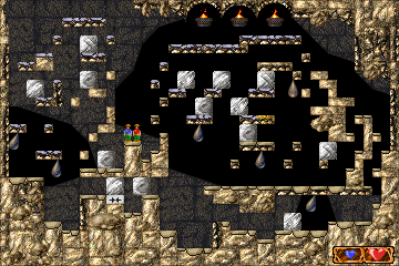 Side view of two characters navigating platform screen with stone blocks and switches