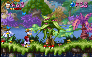 Rayman navigating a vibrant stage with floating platforms