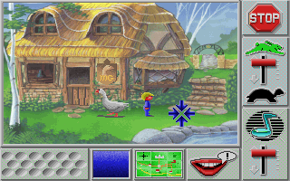 A child character walking past nursery rhyme scenery in Mother Goose Land