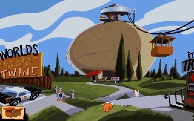 Sam and Max speaking to characters inside a surreal roadside building