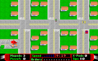 Top-down view of a moped navigating street traffic in Sim Pizza