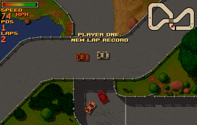 Top-down view of racing cars navigating a track with track hazards.