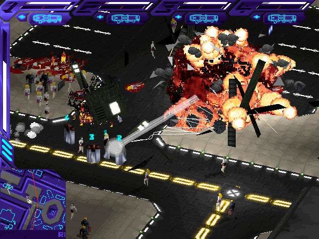 A squad of cybernetic agents standing in a dark 3D city grid