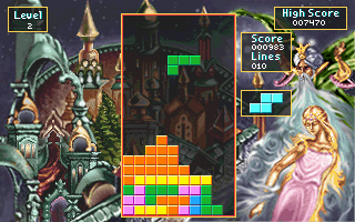 Tetris Classic gameplay showing background art and falling blocks
