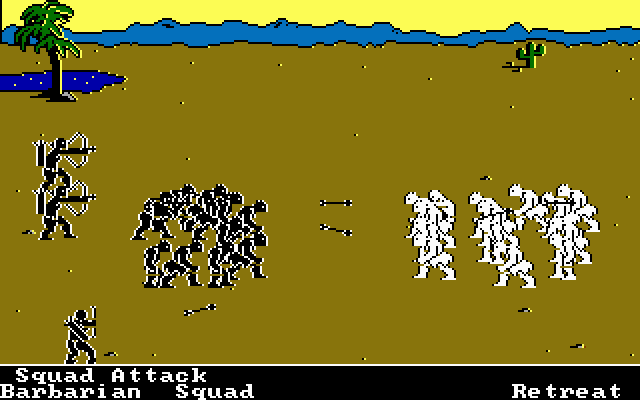 Side view battle screen with soldiers fighting in formation