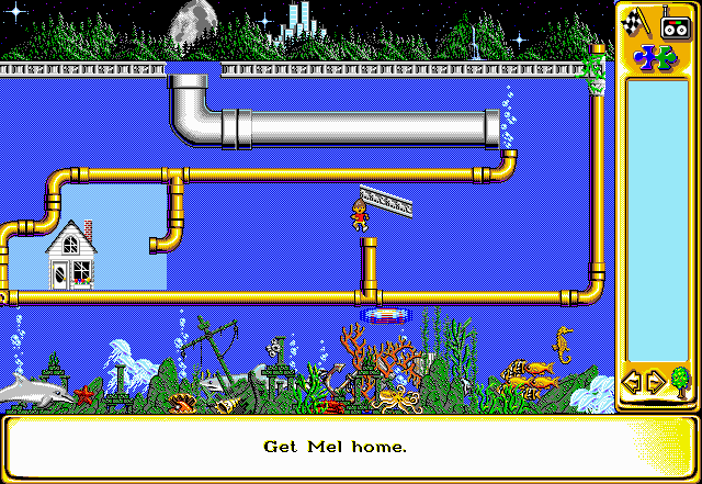 A complex puzzle canvas filled with ramps, belts, and bowling balls in The Incredible Machine 2.