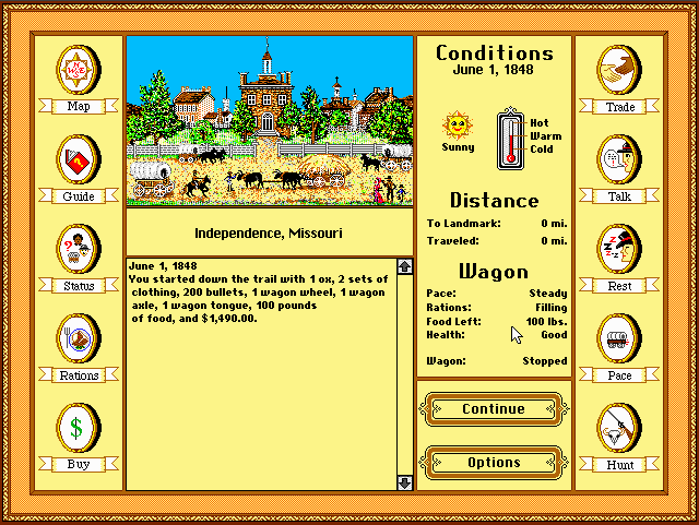 Travel view showing the covered wagon moving across the trail with status options.