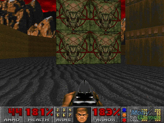 The iconic BFG9000 plasma weapon held ready in a stone hellscape