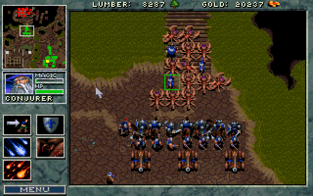 Large scale battle between Orcish armies and Human knights near a fortress