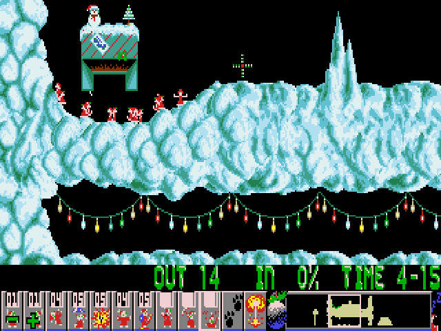 Lemmings building a bridge over a gap in Xmas Lemmings