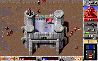 A squad of red robots capturing a territory flag while enemy fire approaches