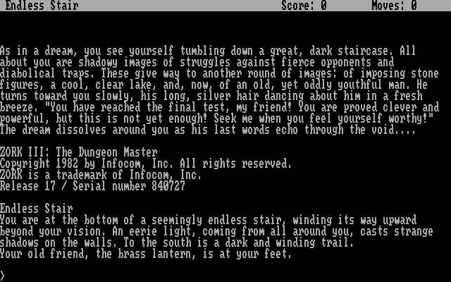 Command parser screen showing gameplay text in Zork III
